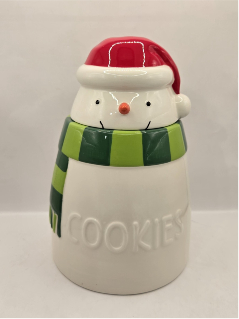Hallmark Christmas Snowman Ceramic Cookie Jar Red Santa Hat Green Scarf 9"